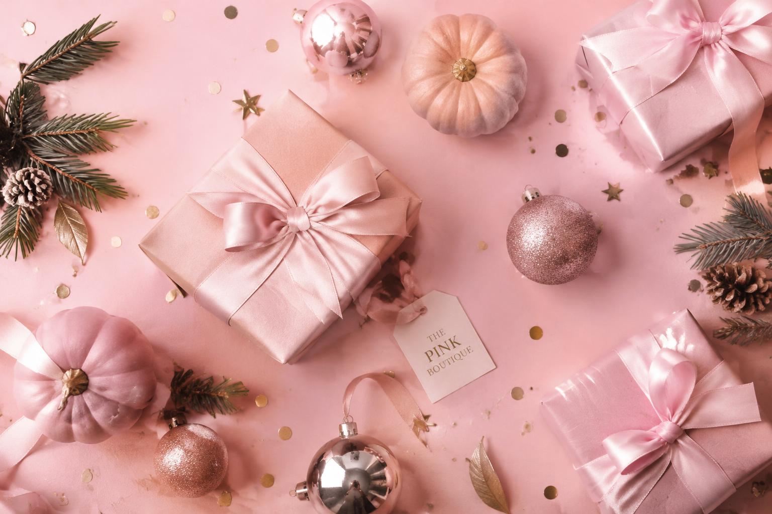Pink gift boxes and seasonal ornaments
